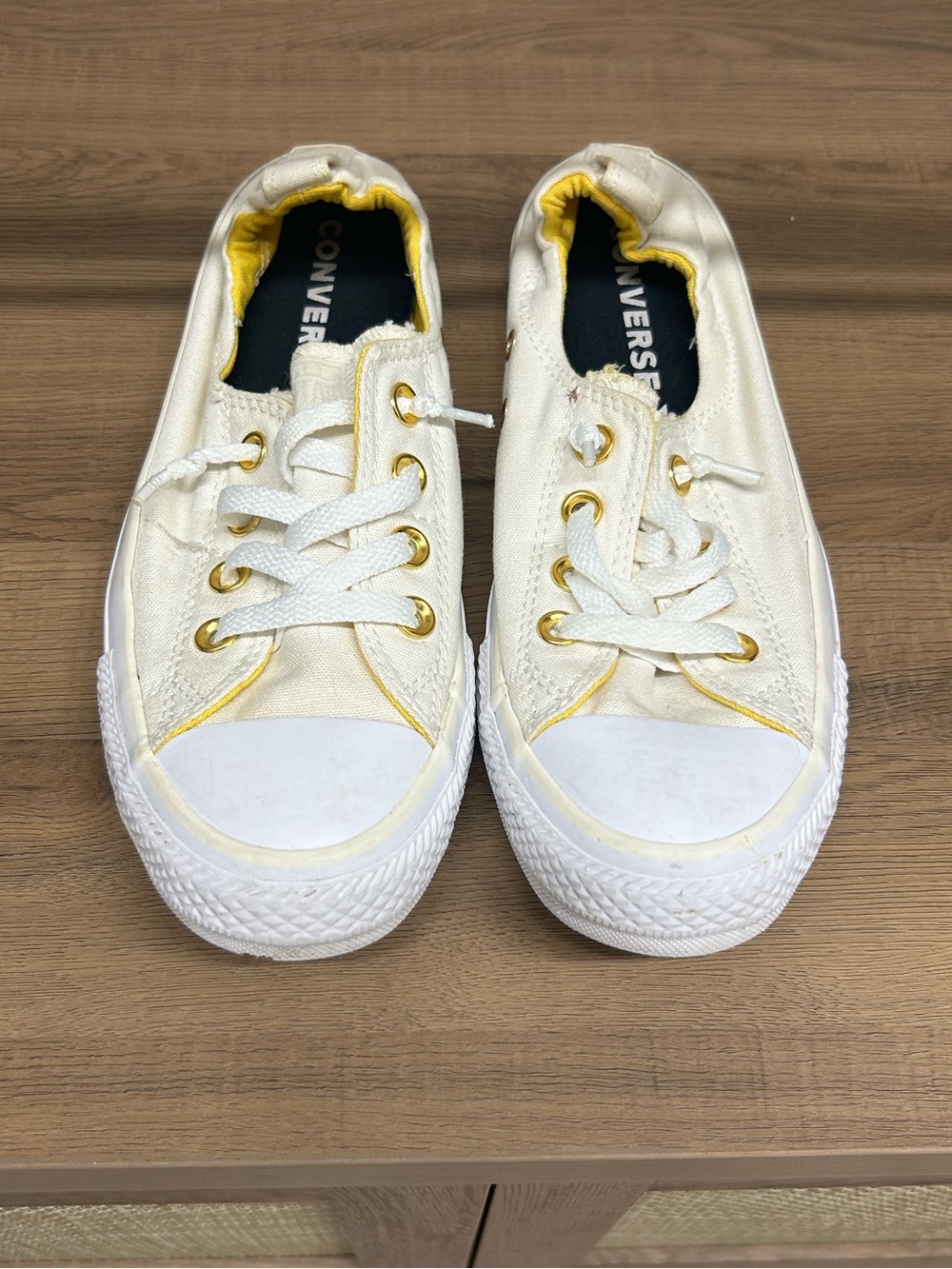Converse Low Top Canvas Sneakers in Cream with Yellow Trim